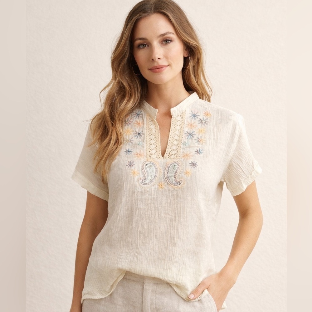 Connfeccions Allan Embroidered Crinkle Cotton Peasant Blouse M Boho Western